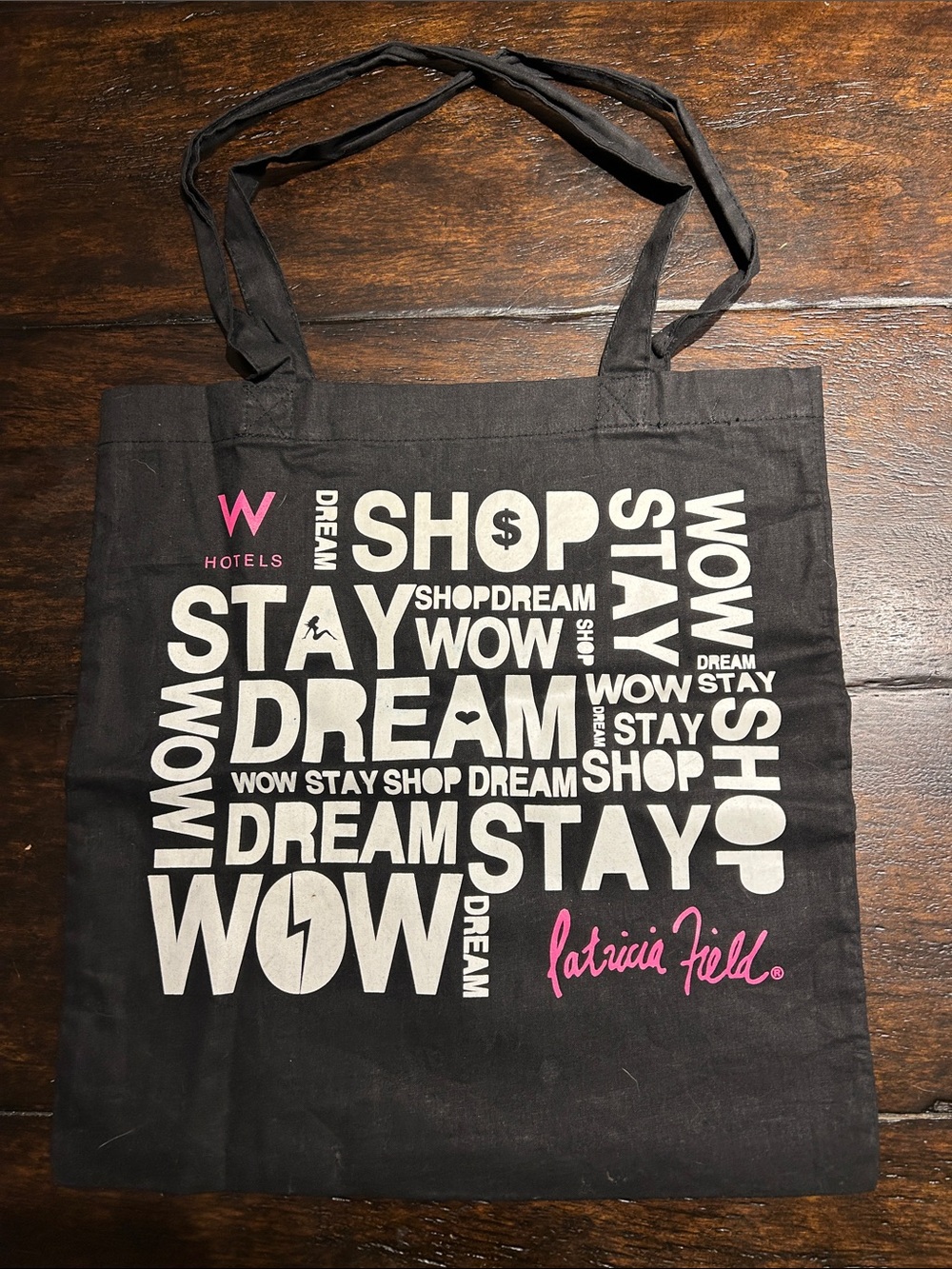 Black Canvas Tote with White Typographic Print and Pink Signature